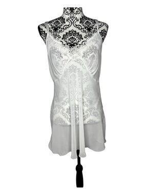 Vintage Dentelle V-neck White Floral Lace Trim Chemise Slip Size L